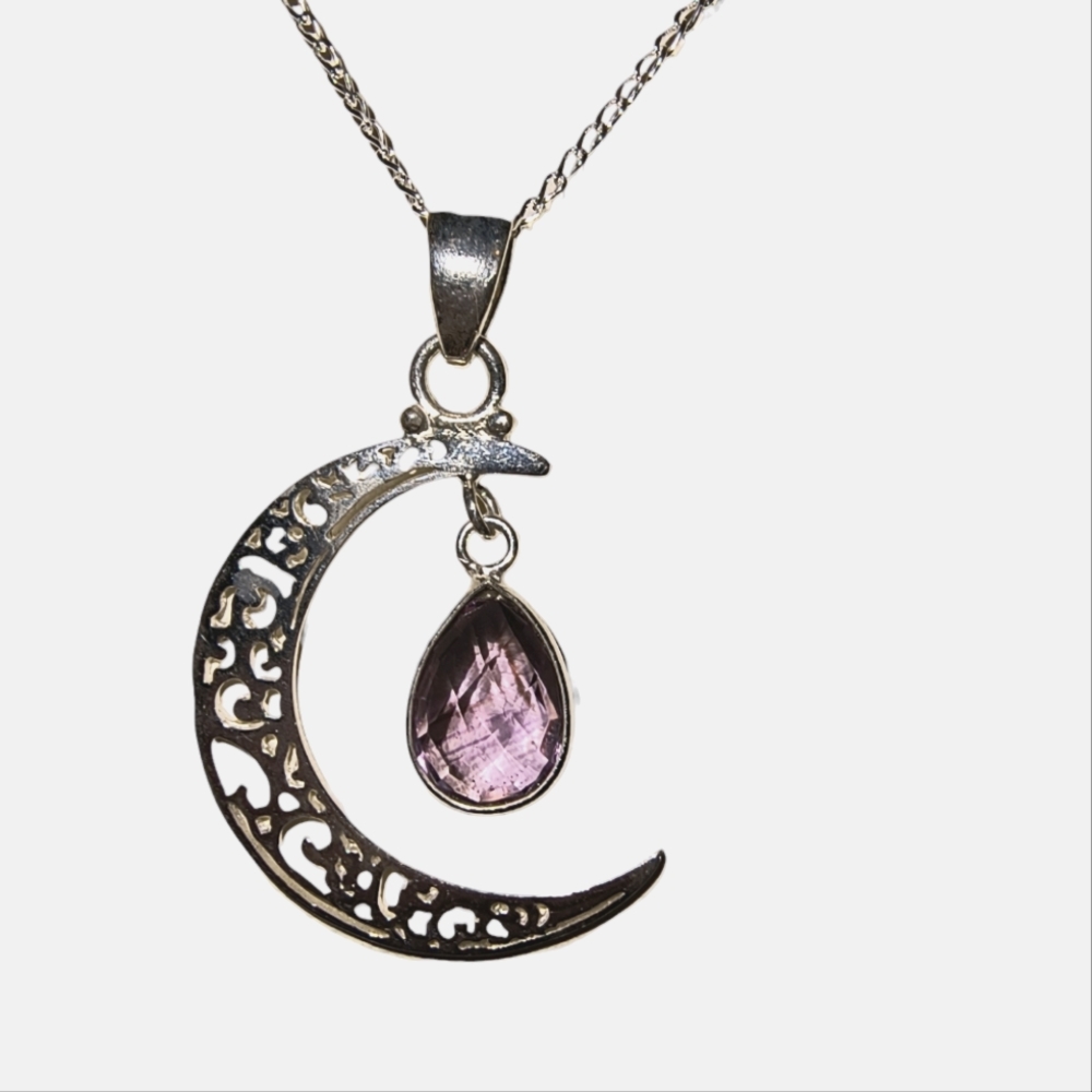 Sterling Silver Half Moon Pendant with Amethyst Teardrop New
